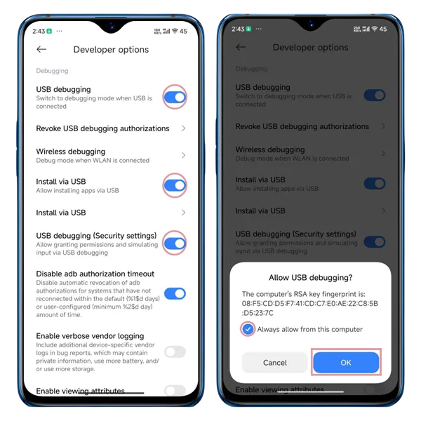 Включение отладки по USB шаги 5-6